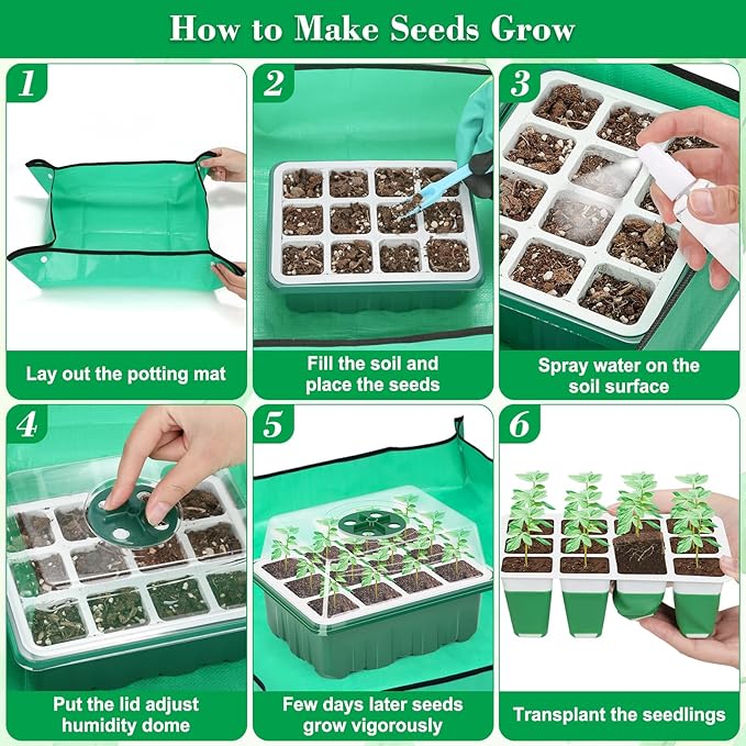 Reusable Silicone Seed Starter Tray, 96 Cells Seed Starter Kit with Humidity Adjustable Dome and Lid, 8 Packs Plant Germination Trays with Repotting Mat Germination Kit for Seeds Grow Starting