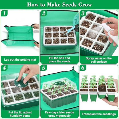 Reusable Silicone Seed Starter Tray, 96 Cells Seed Starter Kit with Humidity Adjustable Dome and Lid, 8 Packs Plant Germination Trays with Repotting Mat Germination Kit for Seeds Grow Starting