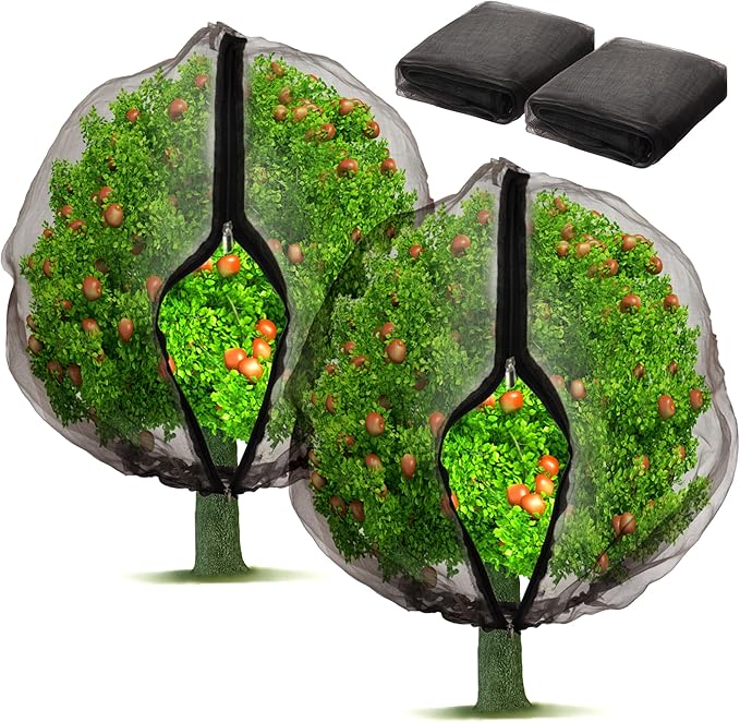 2 Pack Fruit Tree Netting Bags with Zipper and Drawstring, Ultra Fine Mesh Garden Netting Plant Cover, Bird Netting for Blueberry Bushes, Fruit Vegetable Trees, Flowers (Black, 10 x 10 ft)
