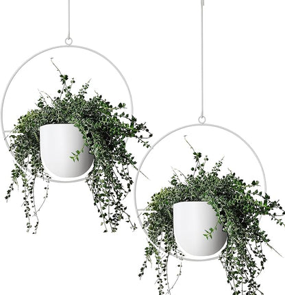 2 Pack Hanging Planters for Indoor Outdoor Plants Modern Metal Plant Hangers, Wall and Ceiling Hanging Plants Baskets Mid Century Minimalist Flower Pots Home Decor (White)