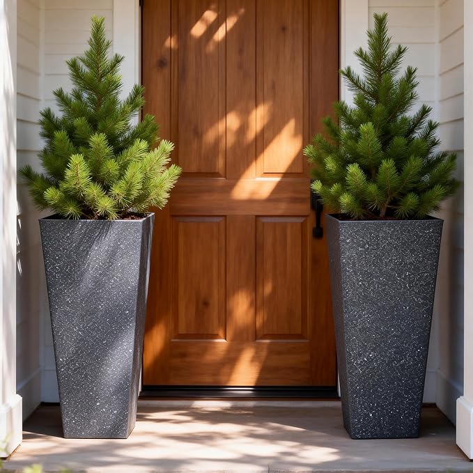 28" Plant Pots Tall Planters for Plants Outdoor Set of 2 Plastic Planter Pot Large Flower Pots Indoor Weather-Resistant for Patio, Porch, Garden, Front Door Christmas Decor Terrazzo Black