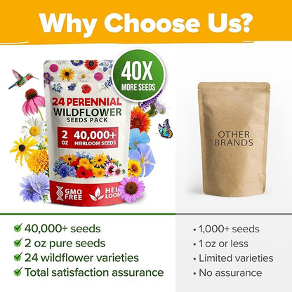 Home Grown Premium Wildflower Seeds Bulk - 60,600+ Perennial Flower Seeds Mix for Planting Outdoors - 24 Variety Wildflower Seed Mix - Attracts Bees, Butterflies & Birds - 2oz Wild Flower Seeds