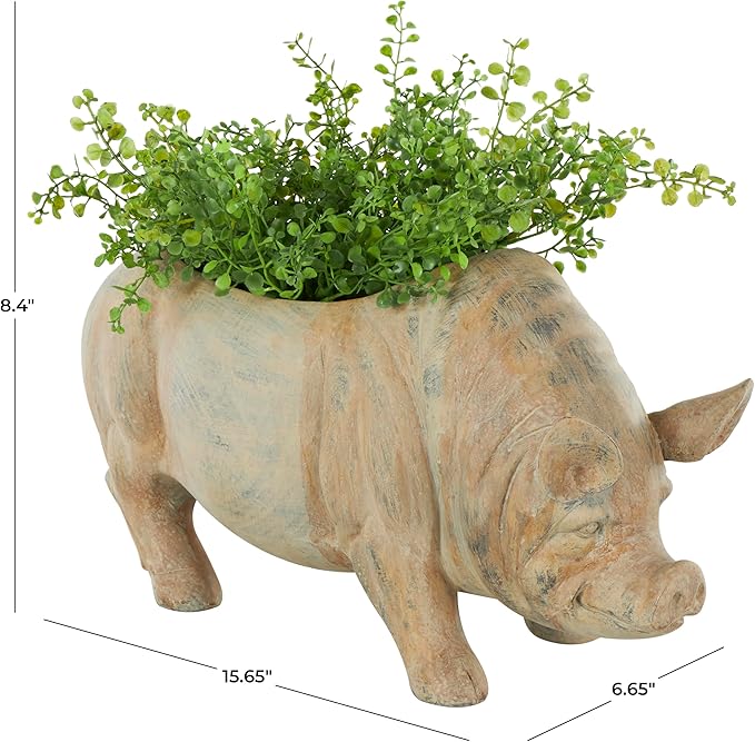 Deco 79 Resin Pig Indoor Outdoor Planter Small Planter Pot with Distressed Details, Planter 16" x 7" x 8", Beige