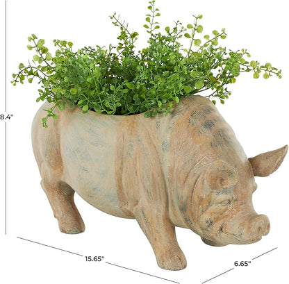 Deco 79 Resin Pig Indoor Outdoor Planter Small Planter Pot with Distressed Details, Planter 16" x 7" x 8", Beige