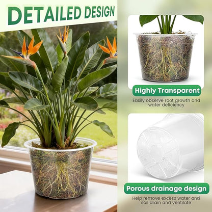 5 Pack 12 Inch Large Clear Nursery Pots with Drainage Hole, Plastic Plant Pots for Seedlings Flowers Vegetable, Indoor Outdoor Gardening, Used as Liners Inside Decorative Pots (12 Inch)