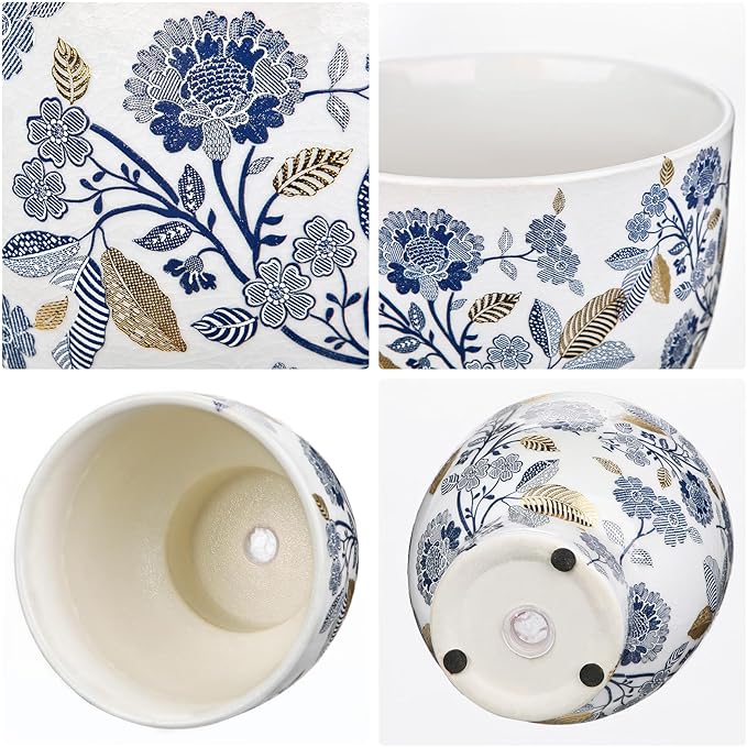 5.5 Inch Decorative Flower Pots, Blue and White Plant Pot Gold Accent Ceramic Planters for Indoor Plants Pots with Drainage Retro Planter Pot for Succulents Cactus Herb Snake Plants Outdoor Garden