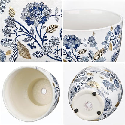 5.5 Inch Decorative Flower Pots, Blue and White Plant Pot Gold Accent Ceramic Planters for Indoor Plants Pots with Drainage Retro Planter Pot for Succulents Cactus Herb Snake Plants Outdoor Garden