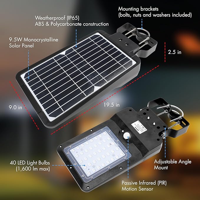 Wagan EL8586 1600 Lumen Integrated Solar Street Lamp Security Flood Light Motion Sensor Waterproof Weatherproof Dusk to Dawn Solar LED Light Lamp for Outdoor Garden Yard Path Parking Lot
