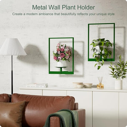 Green Metal Wall Plant Holder - 2-Pack Wall Mounted Plant Stands and Hanging Holders for Indoor Planter and Flower Pot -Rectangle Decor Shelf for Plant Storage (Pot Not Included)