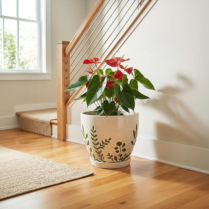 10 Inch Plant Pot - Ceramic Planter for Indoor Outdoor Flowers, Decorative Round Indoor Flower Pot with Drainage Hole and Saucer, Plant Lover Gifts, Garden Patio Home Office Decor, White