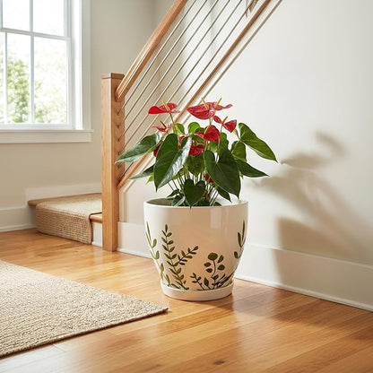 10 Inch Plant Pot - Ceramic Planter for Indoor Outdoor Flowers, Decorative Round Indoor Flower Pot with Drainage Hole and Saucer, Plant Lover Gifts, Garden Patio Home Office Decor, White