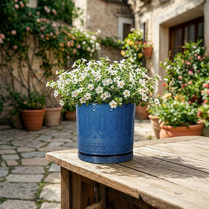 Ceramic Plant Saucer, Plant Water Catcher Tray for Indoor Outdoors, 5.6 Inch Plant Pot Saucers, Round Plants Plates to Catch Water, Boho Decorative Plants Dishes to Catch Water, Blue