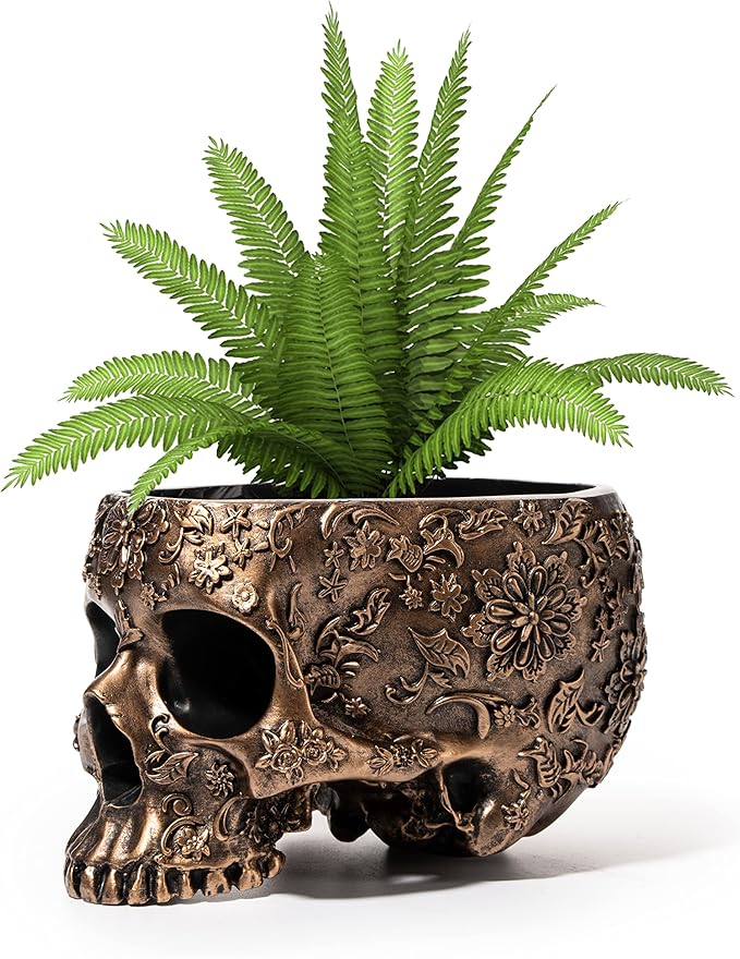 Bronze Skull Planter Pot 6 Inch Skeleton Head Pot for Succulents Flowers, & Bowl Dish Gothic Decor for Garden Home Parties Haunted House Spooky Black Display Halloween Skull Flower Pot Decoration Gift
