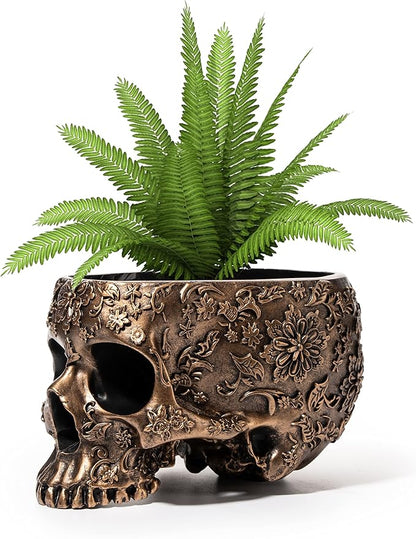 Bronze Skull Planter Pot 6 Inch Skeleton Head Pot for Succulents Flowers, & Bowl Dish Gothic Decor for Garden Home Parties Haunted House Spooky Black Display Halloween Skull Flower Pot Decoration Gift