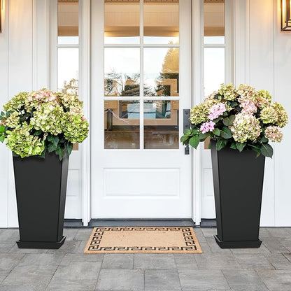 Set of 4 24" Tall Plastic Planters with Trays, Large Tapered Plant Pots for Indoor Outdoor Use, Modern Decorative Planters for Porch, Patio, Garden, and Backyard