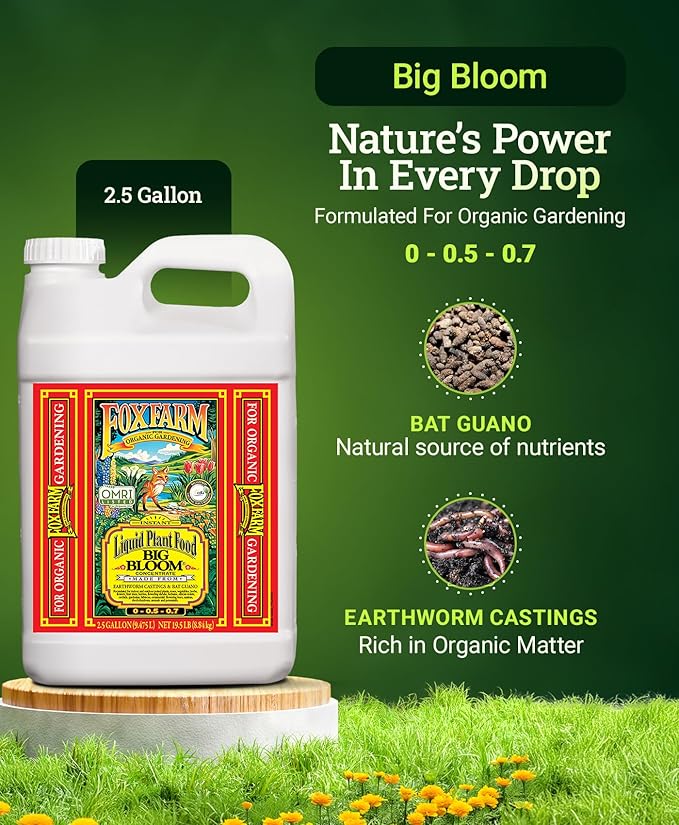 Fox Farm Big Bloom Liquid Plant Food - Organic Bloom Fertilizer for Flowering & Fruiting Plants, Contains Earthworm Castings & Bat Guano - Supports All Stages of Plant Growth - 0-0.5-0.7 NPK,2.5Gallon