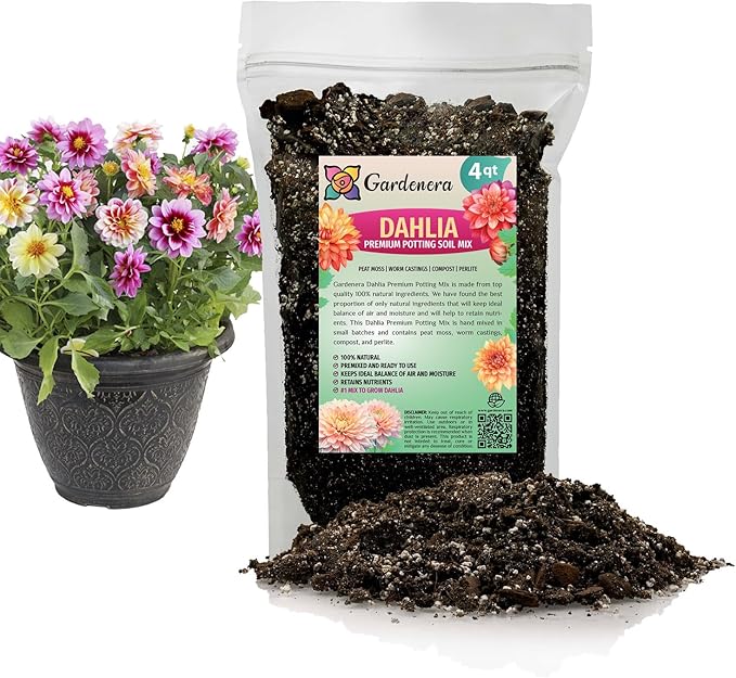 Expert Dahlia Potting Soil Mix by Gardenera - Enhance Growth and Color - Perfect Balance of Nutrients and Drainage - 4 Quart