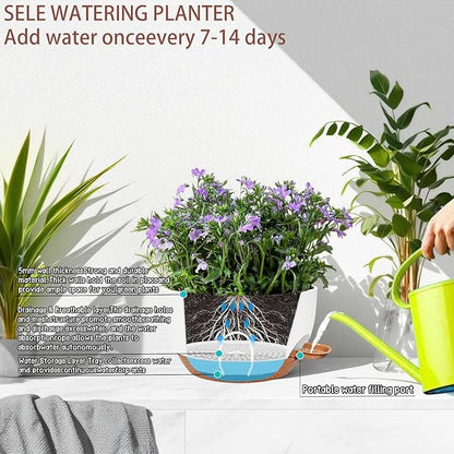 2 Pack 12 Inch Self Watering Hanging Planters for Indoor Plants, Large White Brown Plastic Hanging Pots with Chains for Outdoor Patio Garden Home Decor White Brown