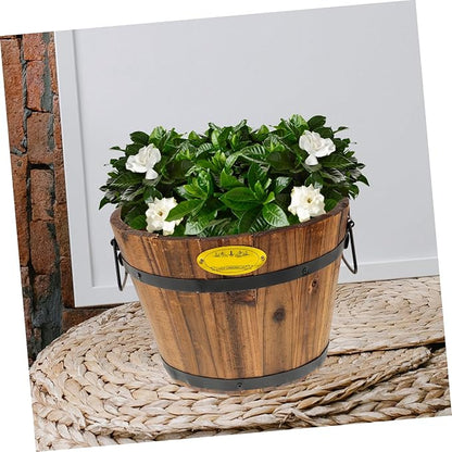 DOITOOL Wooden Barrel Planter 10.2 Inch Round Whiskey Barrel Flower Pot Rustic Wooden Flower Bucket with Handle for Indoor Outdoor Garden Balcony