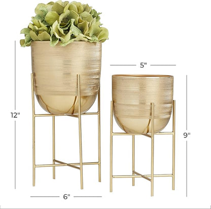 Deco 79 Metal Indoor Outdoor Planter Small Planter Pot with Removable Stand, Set of 2 Planters, 12"H, 9"H, Gold