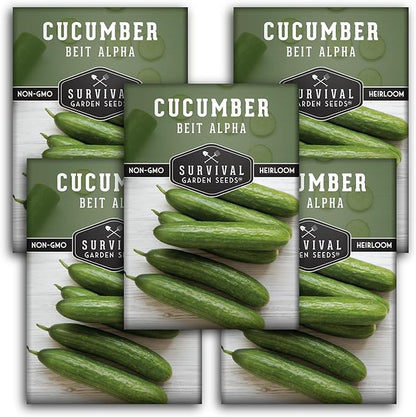 Beit Alpha Cucumber Seeds for Planting | Crisp Burpless Variety with Smooth Skin – Heirloom, Non‑GMO – Survival Garden Seeds (5 Packs)