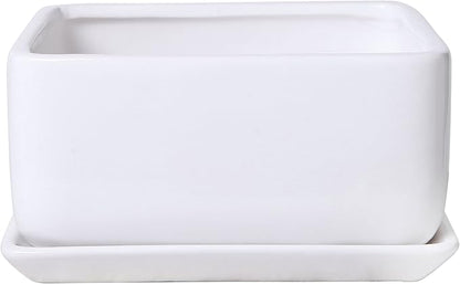 MyGift Modern White Ceramic Square Indoor Small Planter, Flower Succulent Plant Pot with Drainage Hole and Removable Drip Tray