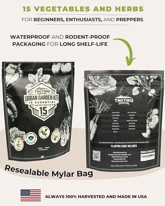 Tactiko Survival 15 Vegetable Seed Kit Varieties for Small Urban Garden, Balconies & Patios - Non-GMO, Heirloom - Popular USA-Grown Dwarf Seeds for Planting Vegetables - Indoor, Outdoor