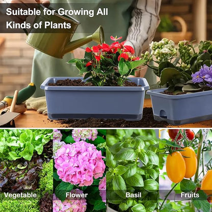 Window Box Planter 6 Pcs, 18 Inches Rectangle Flower Pots with Drainage Holes and Trays, Vegetable Planters for Windowsill Patio Garden Balcony Home Porch Yard Indoor Outdoor (Grey, 18*10*6 inch)