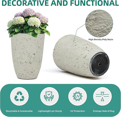19.5"H Resin Tall Planters for Outdoor Indoor Use, 2-Pack Large Flower Pots, Weather-Resistant Plant Container for Garden Yard Porch or Home Décor, Handcrafted Birch Bark Texture, Country White
