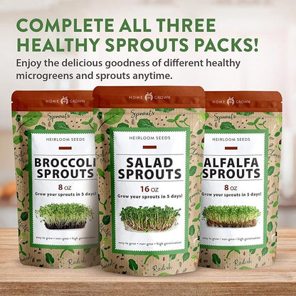 HOME GROWN Premium Sprouting Seeds Mix - Microgreens 118,200 Seeds for Indoor Growing - Non-GMO Broccoli, Alfalfa, Radish, Clover Sprouts Seed - 16oz Resealable Pack for Healthy Salad & Juicing