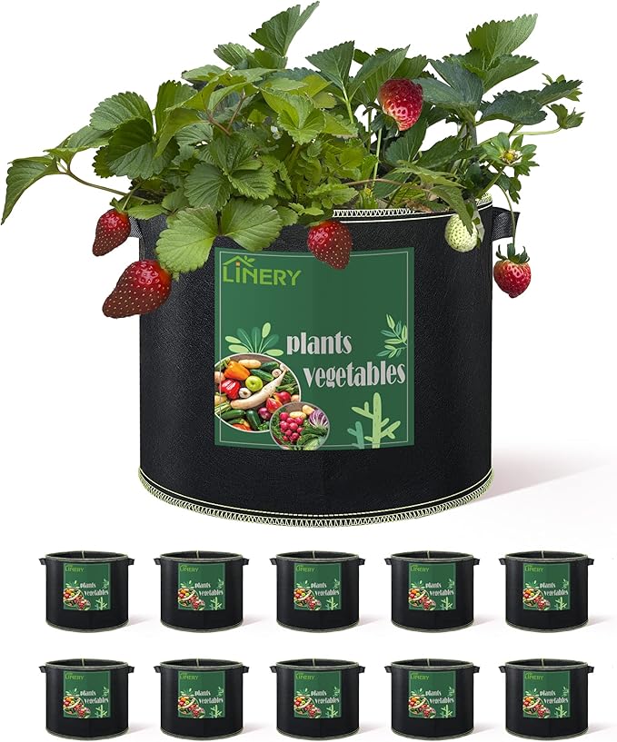 LINERY 10-Pack 10 Gallon Grow Bag Planting Black Heavy Duty Thickened Grow Bag with Handles Non-Woven Fabric Plant Pots (10-Pack 10 Gallon)