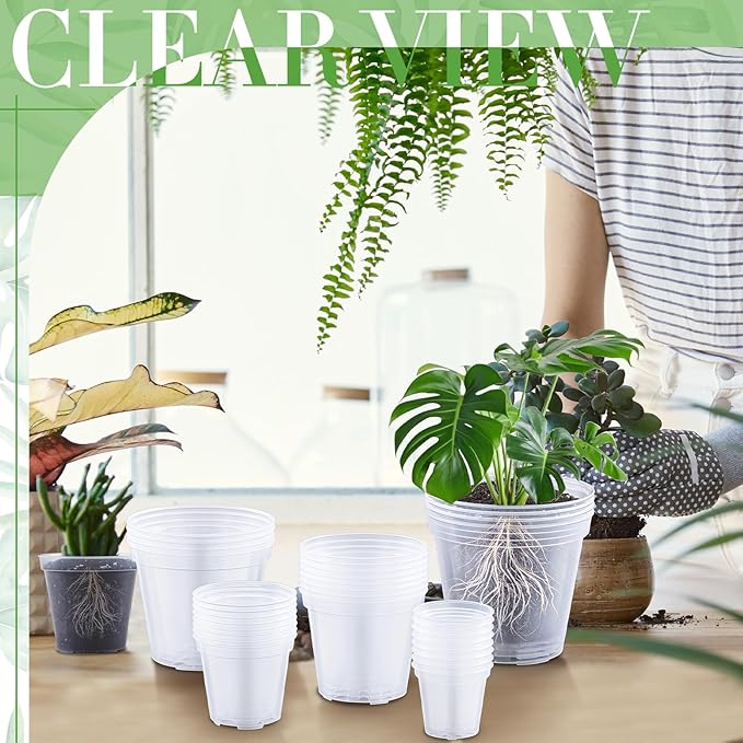 Vesici 32 Pcs 3/4/5/6/7 Inch Large Size Clear Nursery Pots Variety Pack Plant Pots with Drainage Holes Planters for Indoor Plants Flexible Transparent Plastic Plant Bottle Succulents