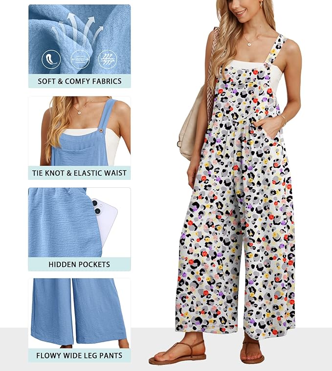 IWOLLENCE Women's Summer Jumpsuits Boho Wide Leg Overalls Casual Loose Rompers with Pockets 2025