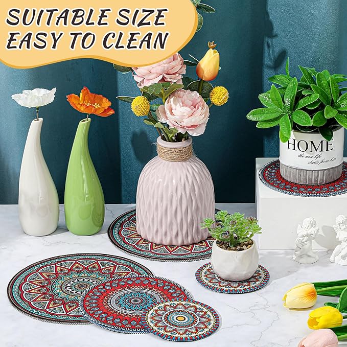 Nuanchu 6 Pcs Boho Plant Pot Mat 3 Sizes Absorbent Non Slip Pots Pad Round Plant Coaster Mat Gardening Indoor Outdoor Flower Plant Protect Mat
