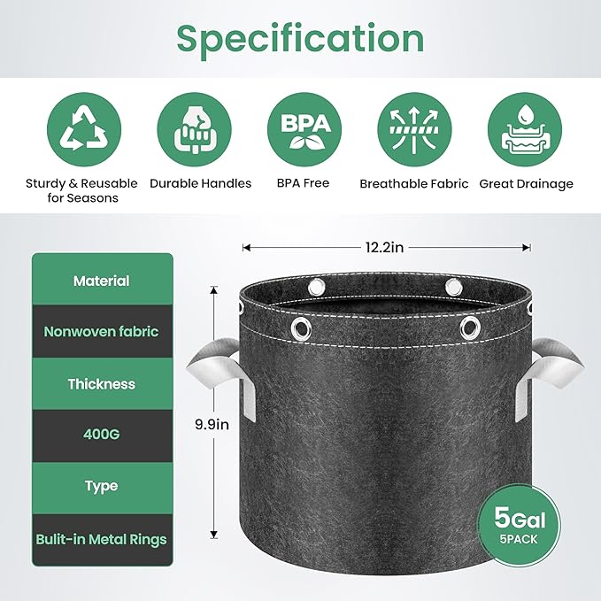 InfiniPower 5 Pack 5 Gallon Plant Grow Bags, 400G Thick Nonwoven Fabric Pots with Multi-Purpose Rings and Handles, Reusable for Low Stress Plant Training Fruits, Vegetables and Flowers
