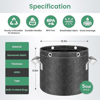 InfiniPower 5 Pack 5 Gallon Plant Grow Bags, 400G Thick Nonwoven Fabric Pots with Multi-Purpose Rings and Handles, Reusable for Low Stress Plant Training Fruits, Vegetables and Flowers