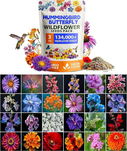 HOME GROWN Premium Wildflower Seeds Bulk - 134,000+ Non-GMO USA Native Seeds for Planting Outdoors - 23 Varieties Wild Flower Mix for Butterfly Garden, Perennial & Annual Flowers (3oz)