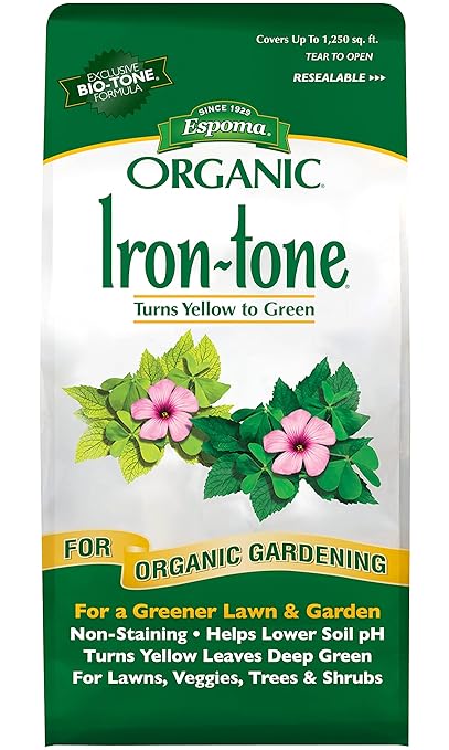Espoma Organic Iron-Tone 3-0-3 Organic Fertilizer and Plant Food to Help Correct Iron Deficiency (Chlorosis). 5 lb. Bag. Turns Yellow to Green, Non Staining Iron - 2 Pack
