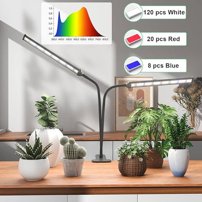 GooingTop Grow Light LED Gooseneck Lamp,Dual-Head White Full Spectrum 148 LED Plant Lamp with Red Blue Light Clip-on Desk for Indoor Plants Growing,Diming & Auto Timer,Super Bright