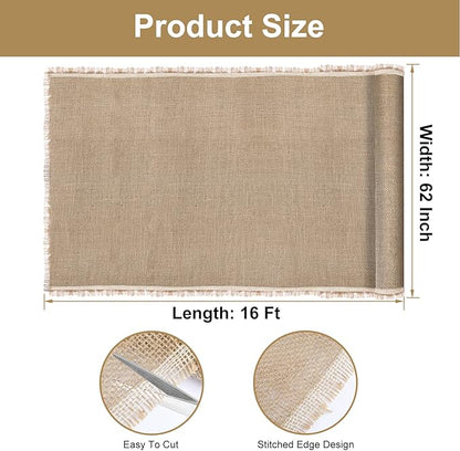 Burlap Fabric Roll, 62 Inch (W) X 16 Ft (L), Jute Outdoor Fabric by The Yard for Rose Bush Covers, Plant Garden Burlap Tree Trunk Wraps to Protect bark, Farmhouse Tree Decor for Crafts Gardening