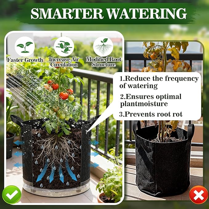 5 Pack 5 Gallon Self-Watering Grow Bags, Thick Nonwoven Fabric Pots with Support Rings and Reinforced Handles, Self-Watering Planters with Bottom Reservoir for Tomatoes Peppers Potatoes and Vegetables
