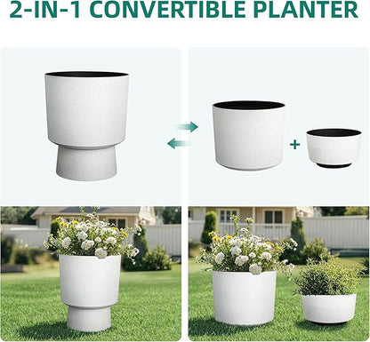 16.75"H Urn-Style Tall Planters, 2-Pack Modern Large Flower Pots for Outdoor Indoor, 2-in-1 Design Plant Containers for Garden Patio Yard Balcony Porch or Home Decor, White Terrazzo, UV-Protect