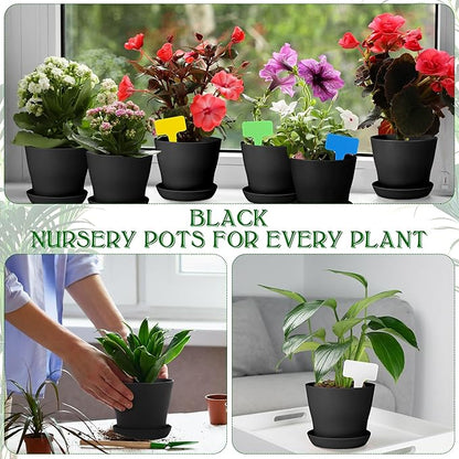 Aodaer 16 Pack 4 Inch Plastic Planters with Multiple Drainage Holes and Tray Indoor Outdoor Flower Plant Nursery Pots with Labels Flower Seedling Pots for Herb Garden Home Succulents, Black