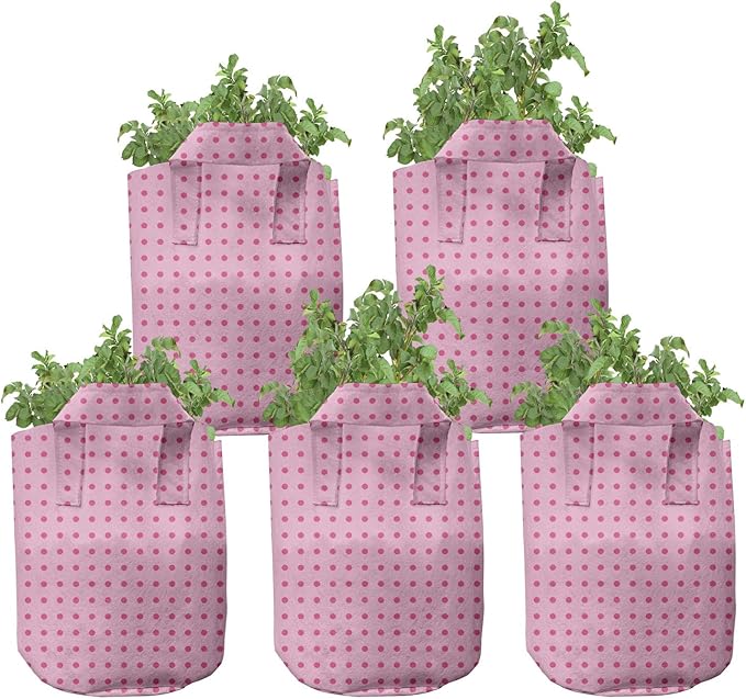 Lunarable Polka Dot Grow Bags 5-Pack, Simplistic Dots, Heavyduty Fabric Pots with Handles for Plants, Pink Magenta