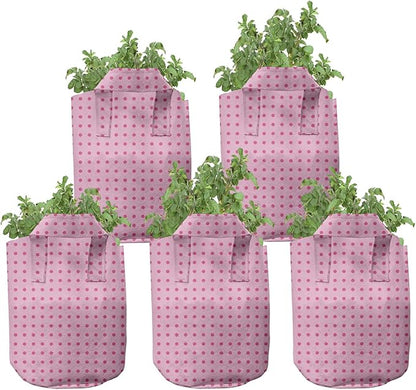 Lunarable Polka Dot Grow Bags 5-Pack, Simplistic Dots, Heavyduty Fabric Pots with Handles for Plants, Pink Magenta