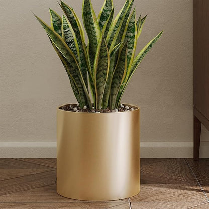 Metal Plant Pot with Drainage Hole,Mid Century Modern 7 inch Round Pot Indoor Outdoor Planters for Decorative Pots of Tabletop Living Room Bedroom Gold