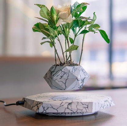 Levitation Air Bonsai Magnetic Levitating Mini Rotating Flower Planter, Suspension Floating Succulents Pot for Sky-Garden, Home, Living Room, Office Desk Decor (Marble Color)