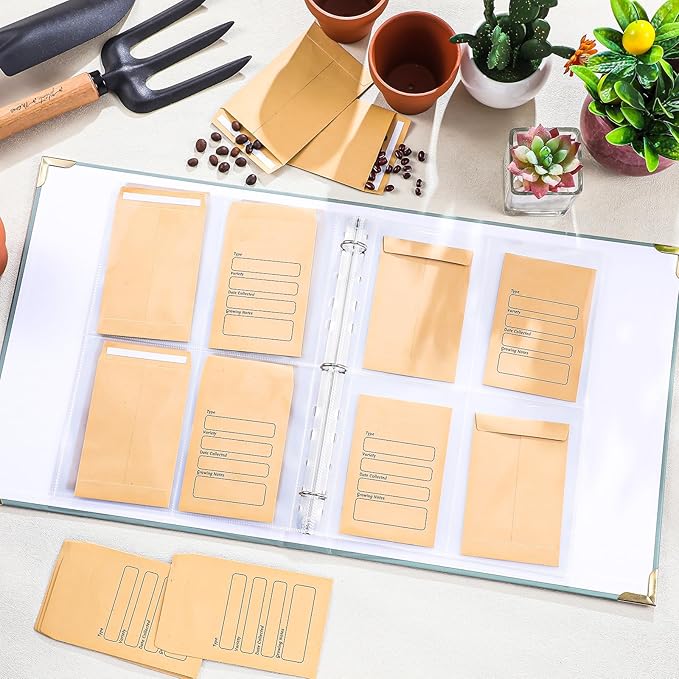 Seed Storage Organizer Binder with 100 Pcs Seed Envelopes and 50 Pack Sheet Protectors That Stores 200 Envelopes Garden Holder Book Collecting Template for Garden Lover