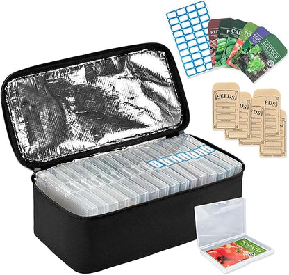 Boczif 16 Slot Seed Storage Organizer Box with Insulated Bag, Envelopes Bag and Label Stickers, Garden Seed Container for Packets, Plant, Flower, Vegetable