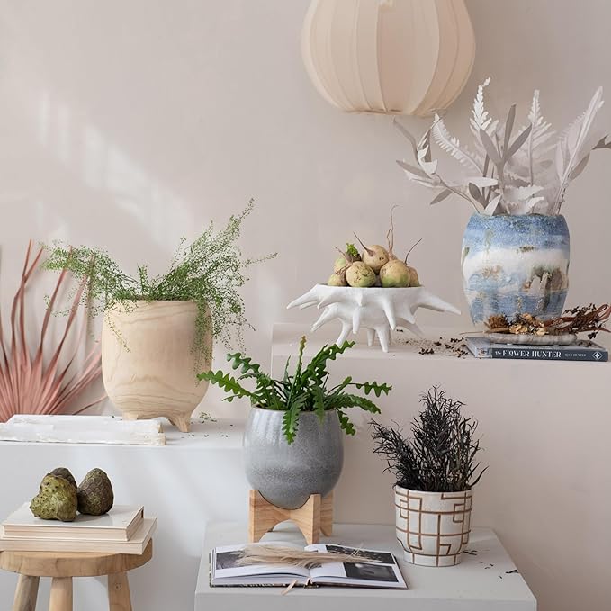 Bloomingville Round Stoneware Planter on a Wood Stand with Reactive Glaze, Grey and Natural